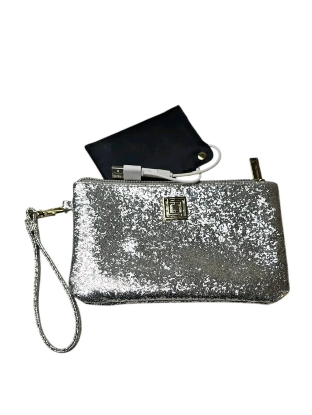 Liz Claborne Silver Glitter Wrist Wallet Phone Charger Battery USB Adapters Club